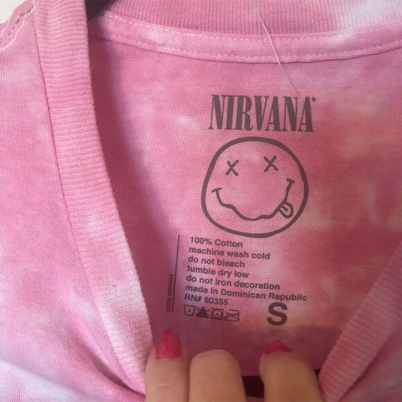 Nirvana Pink Tie Dye Smiley Face Graphic T-Shirt Unisex Size S - Picture 4 of 7